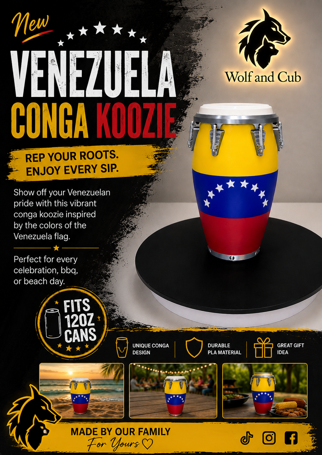 Venezuela Conga Can Koozie | 12oz Beverage Holder | Venezuelan Flag Drink Sleeve | PLA 3D Printed