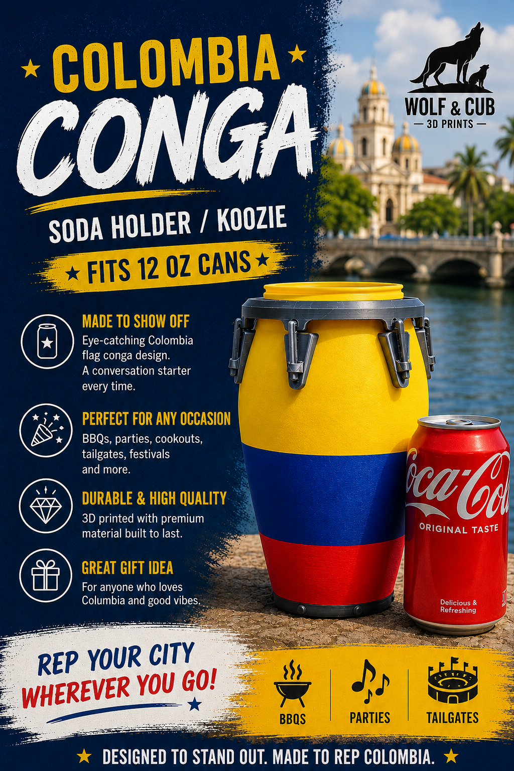 Colombia Flag Conga Can Cooler | 12 oz Soda Holder | 3D Printed Koozie | Unique Colombian Gift