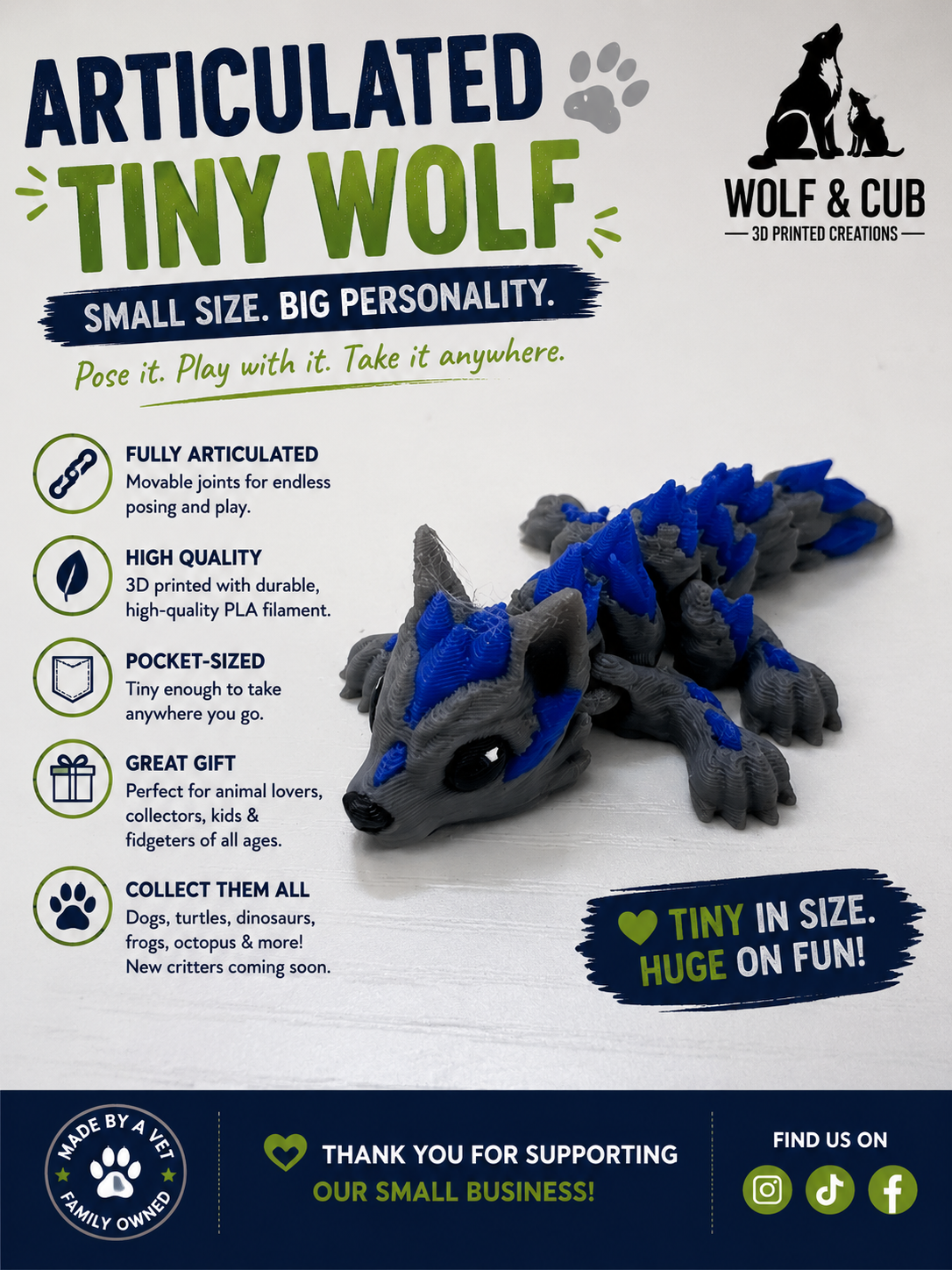 Tiny Articulated Wolf – 3D Printed Flexi Wolf | Pocket-Sized Collectible & Fidget Toy