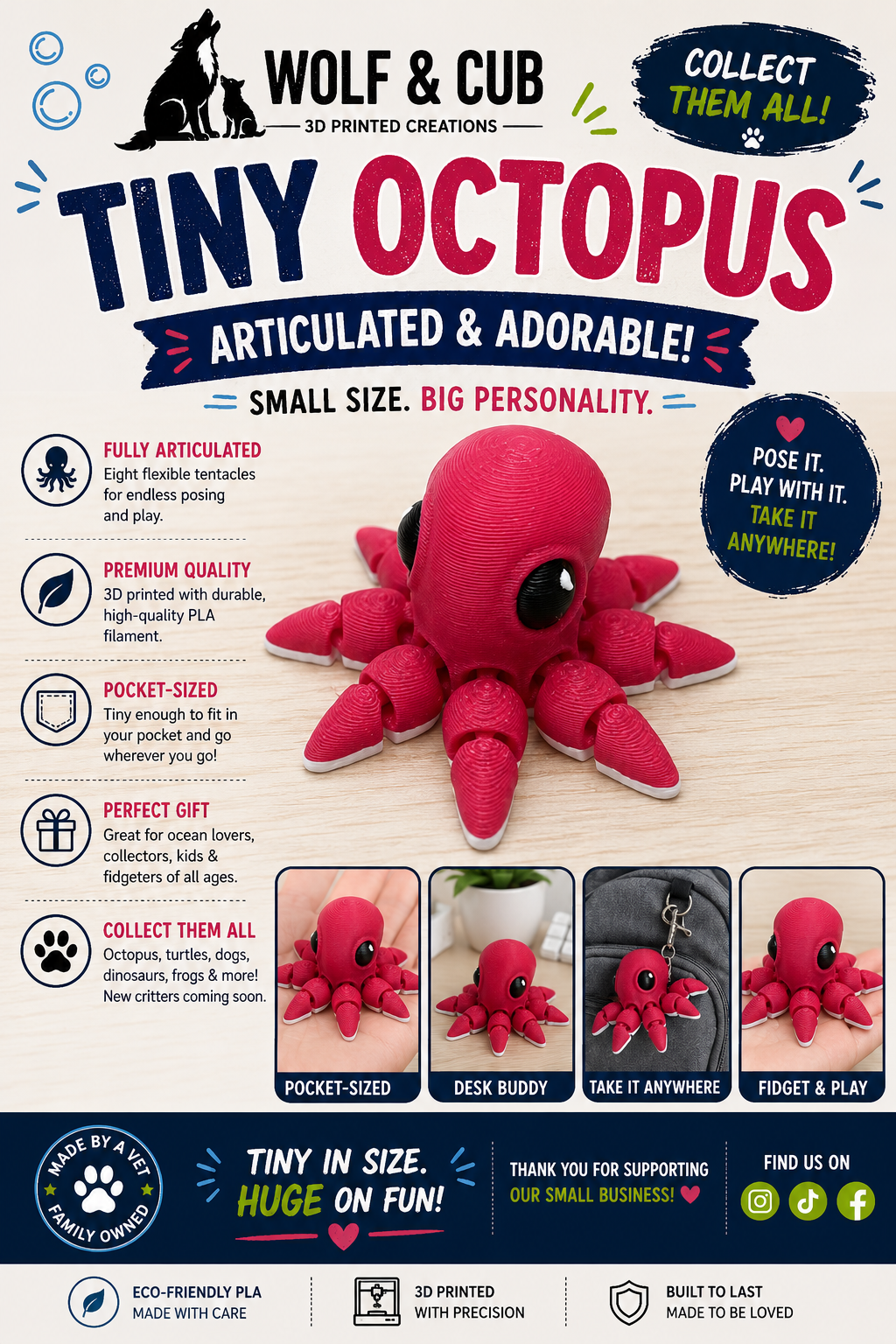 Tiny Articulated Octopus – 3D Printed Flexi Octopus | Pocket-Sized Collectible & Fidget Toy