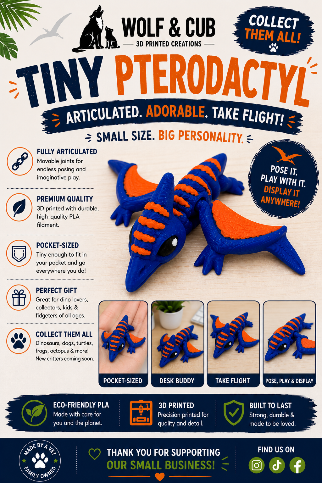 Tiny Articulated Pterodactyl – 3D Printed Flexi Dinosaur | Pocket-Sized Collectible & Fidget Toy