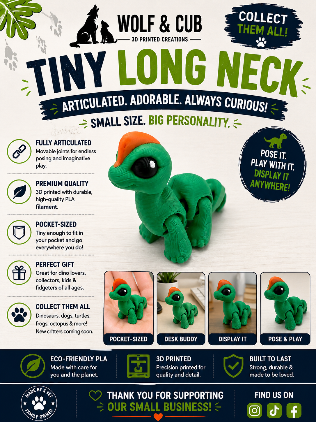 Tiny Articulated Long Neck Dinosaur – 3D Printed Flexi Dinosaur | Pocket-Sized Collectible & Fidget Toy